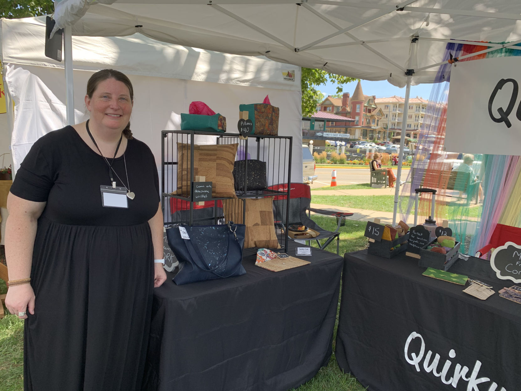 Kristin Koeller Nelsen displays her bags made out of cork